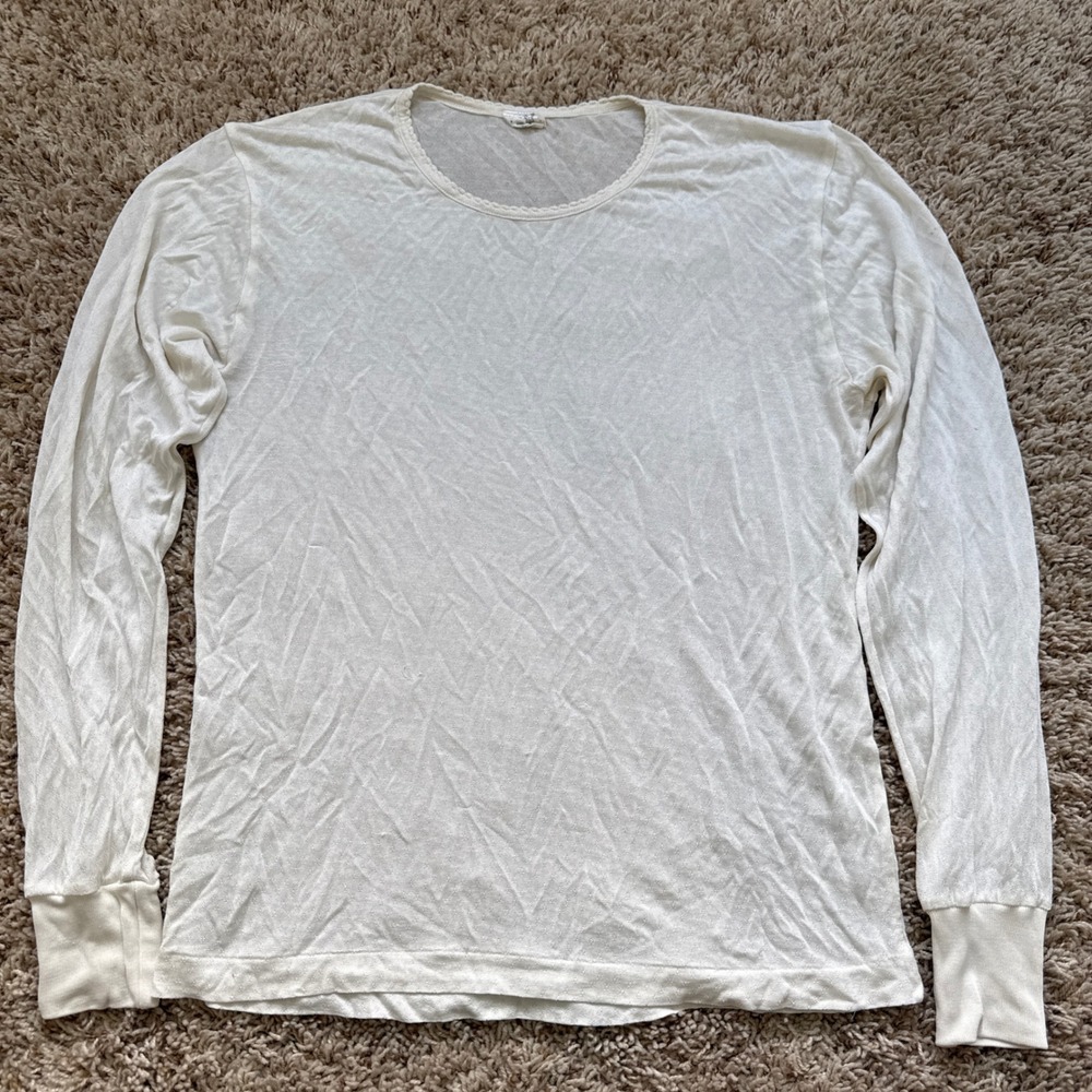 Vintage Under Silk 100% Silk Pointelle Long Sleeve Thermal Top Cream Large